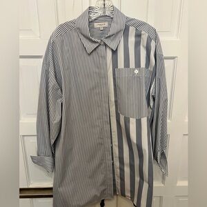 Lafayette 148 New York Blue and White Striped Button Down